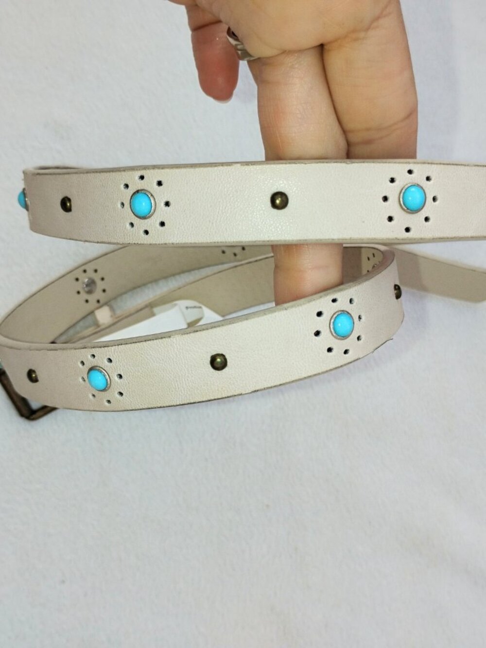 2 Lot Women's S Belts Olive Drab Studded & Bone Faux Turquoise Belt accessory - Picture 6 of 16